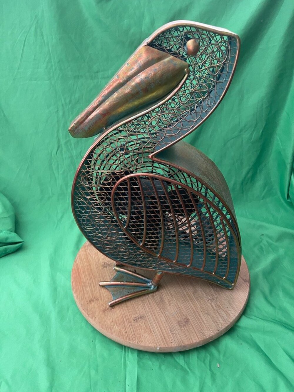 Hand Crafted Metal Pelican Bird Fan, Copper & Turquoise Unique Works